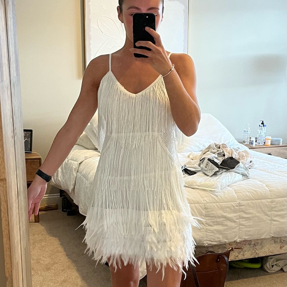 White fringe/feather dress! Perfect for wedding reception or bachelorette!